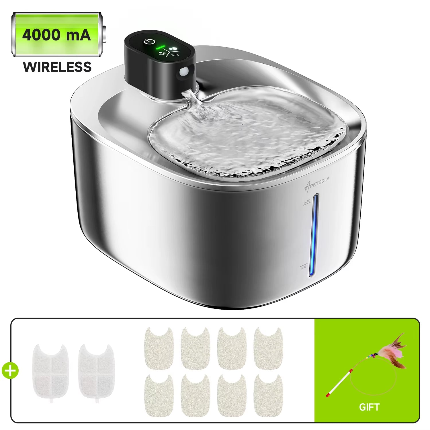 APETDOLA 4L Automatic Stainless Steel Cat Water Fountain 4000Mah Wireless Cat Dog Drinker Pet Water Dispenser with 2Pcs Filters