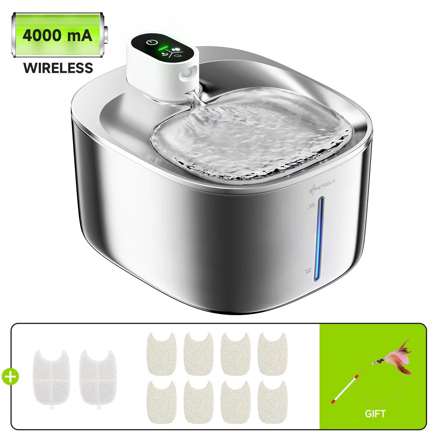 APETDOLA 4L Automatic Stainless Steel Cat Water Fountain 4000Mah Wireless Cat Dog Drinker Pet Water Dispenser with 2Pcs Filters